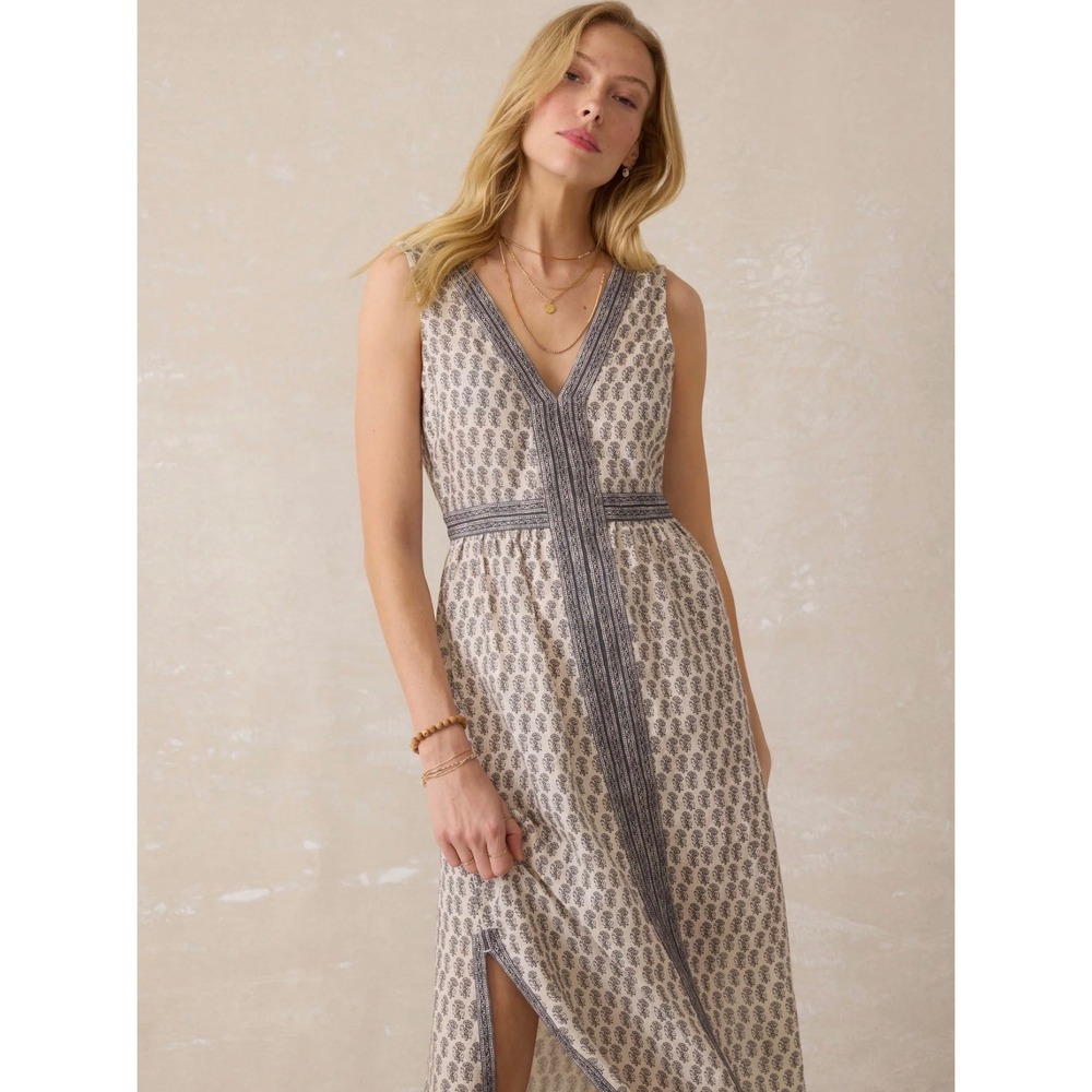 Faherty Macey Maxi Dress Summer Pearl Blossom Linen Blend Midi Cream Gray XS